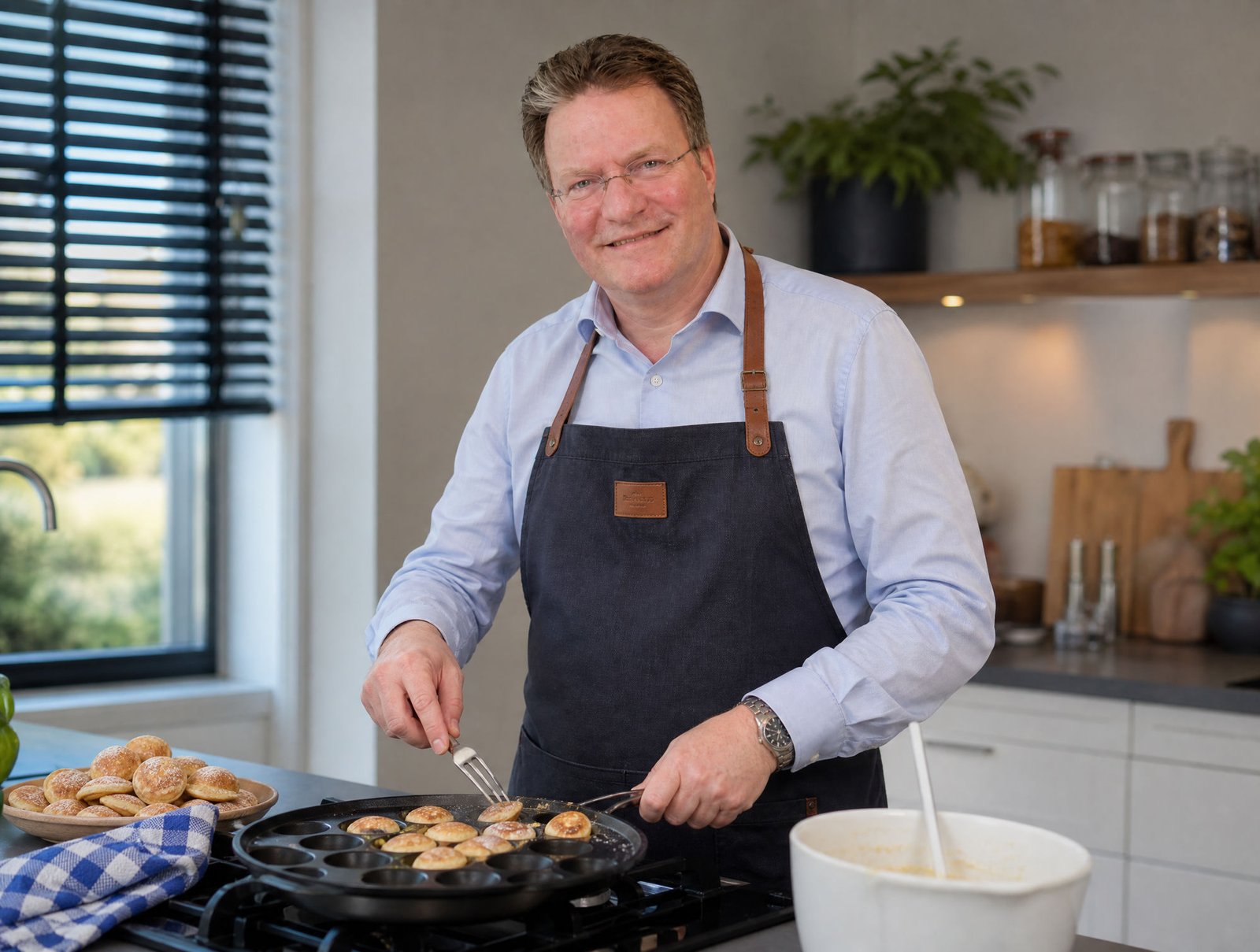 Alex Verstraeten aan de poffertjespan in zijn eigen keuken.