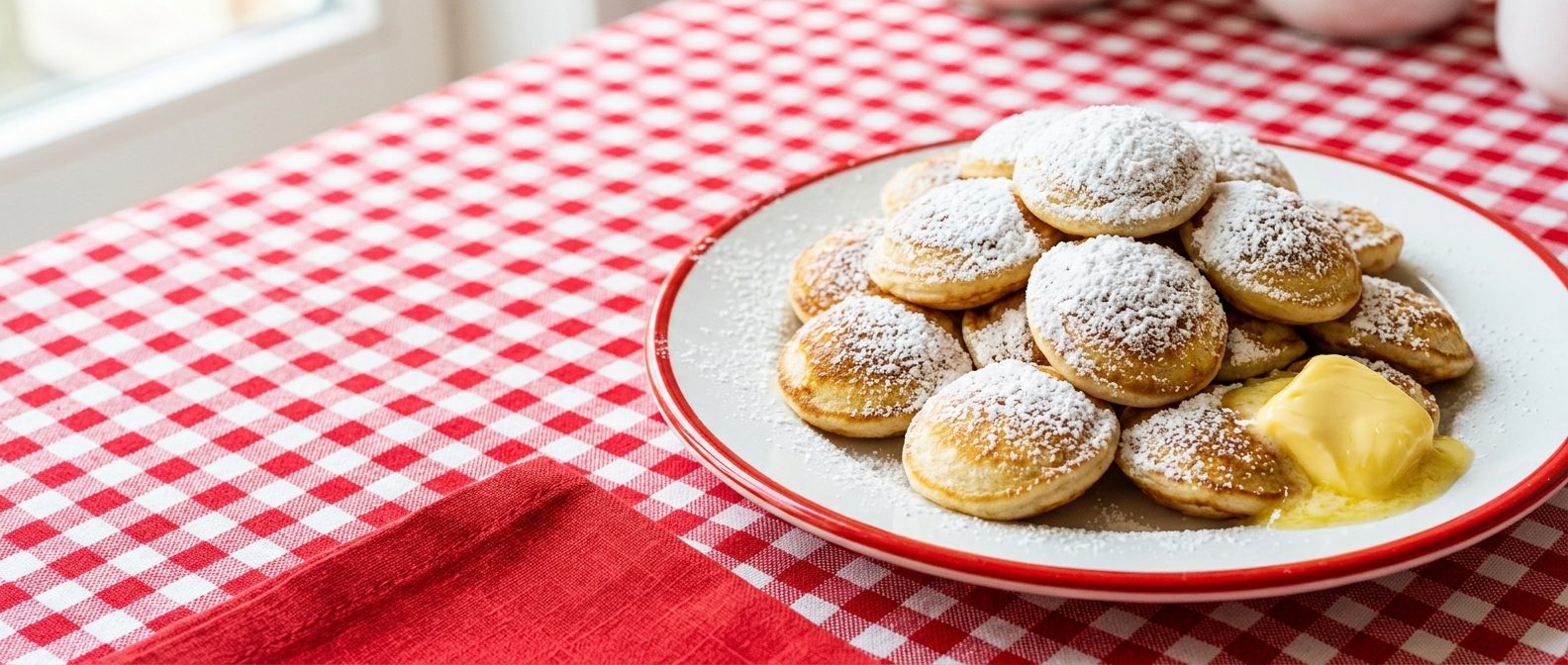 Een bord poffertjes met poedersuiker en boter op een rood-wit geruit tafelkleed